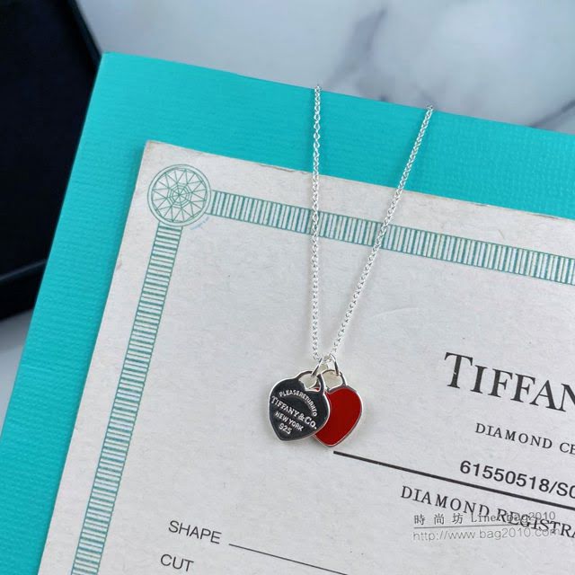 Tiffany飾品 蒂芙尼女士專櫃爆款紅色雙心琺瑯項鏈 Tiffany純銀鎖骨鏈  zgt1704